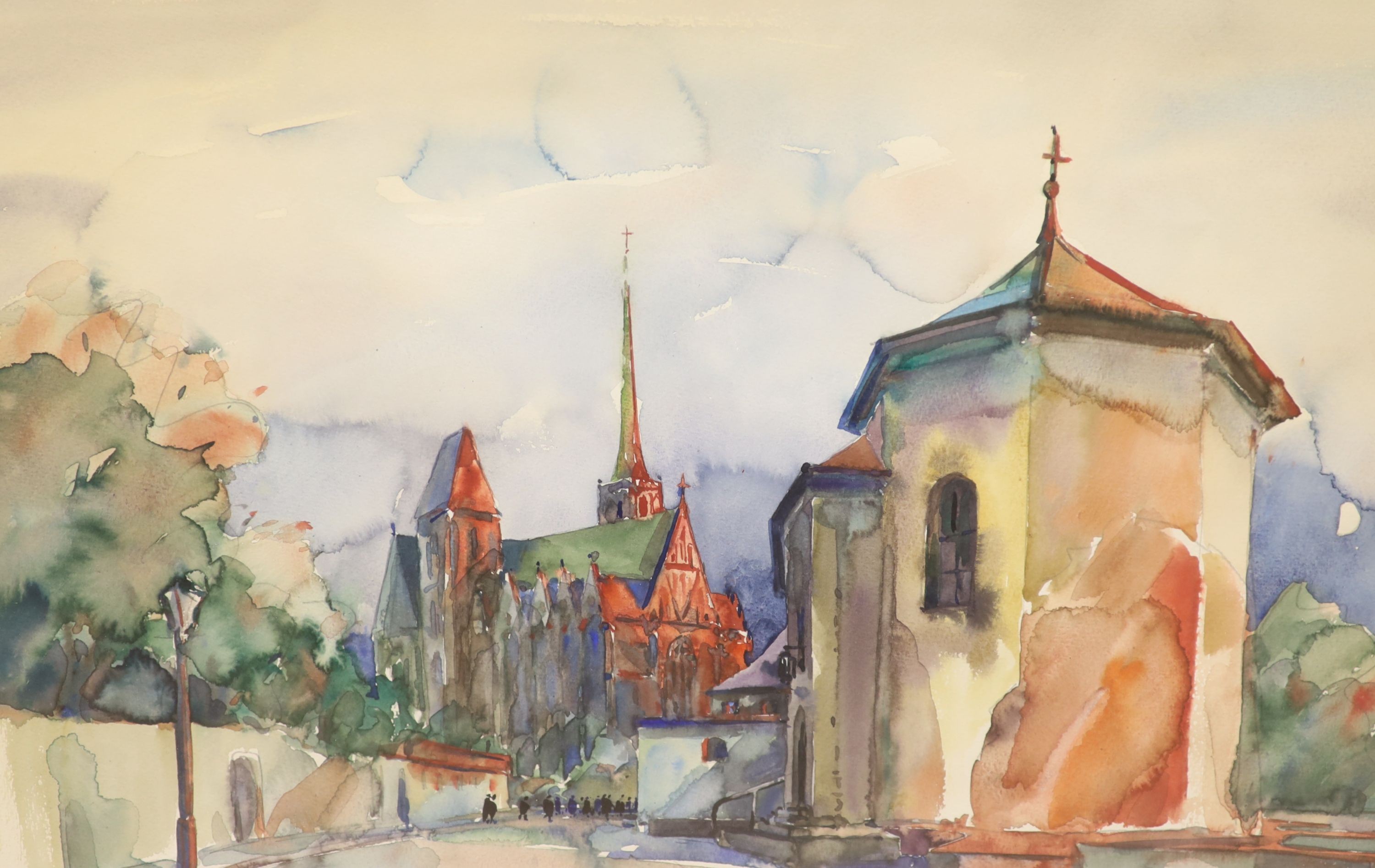 Polish School, two watercolours, Studies of churches, indistinctly signed, 41 x 58cm and 45 x 70cm